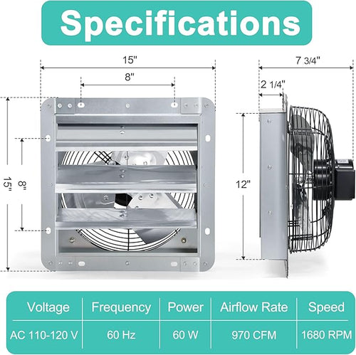 12 Inch Shutter Exhaust Fan, Wall Mount Attic Fan with Power Cord for Greenhouses, Sheds, Garages, Chicken Coops, Barns Ventilation, 970 CFM - Image 2