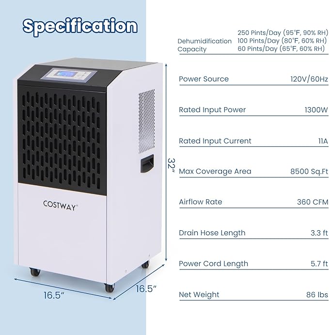 COSTWAY 250 Pints Commercial Dehumidifier with Drain Hose, Industrial Heavy Duty Dehumidifier, 24H Timer & 4 Wheels for Basement, Warehouse, Water Damage Restoration, Large Spaces up to 8,500 Sq.Ft - Image 5