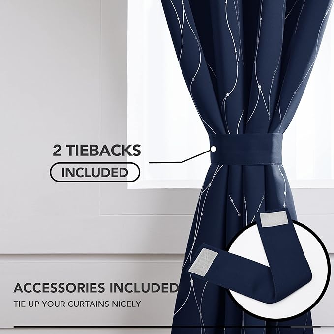 Deconovo Navy Blue Curtains, Blackout Curtain for Bedroom, 42 x 72 Inch, Thermal Insulated Soundproof Privacy Drapes with Silver Wave Dots Pattern, Grommet Top, Machine Washable Panel for Living Room - Image 4