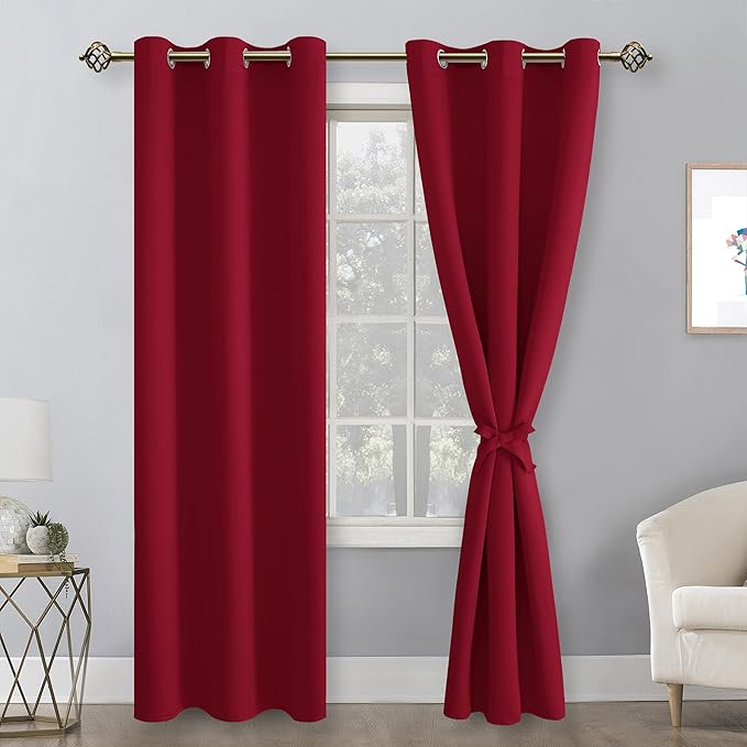 Hiasan Blackout Curtains for Bedroom, 38 x 84 Inches Long - Thermal Insulated & Light Blocking Window Curtains for Living Room, 2 Drape Panels Sewn with Tiebacks, Christmas Red - Image 7