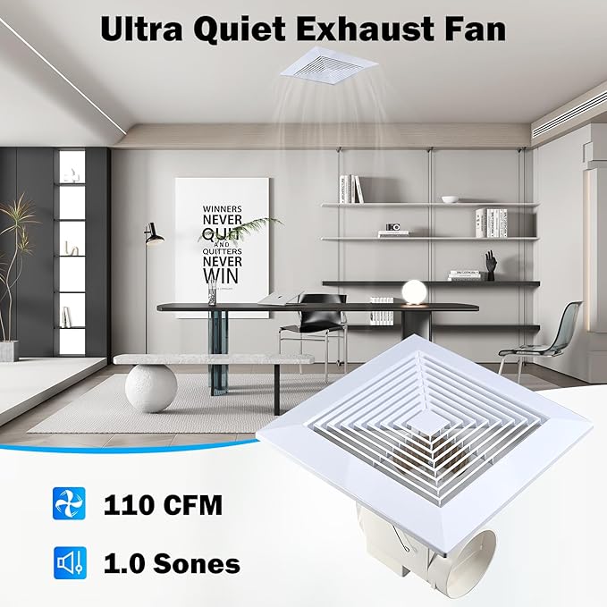 FEITON 110 CFM Bathroom Fan Exhaust Fan Ceiling Mount, 30W, 110V, 1.0 Sones, Square Quiet Ventilation, 4-in Duct, 8.8" x 8.8" Mounting Hole - Image 4