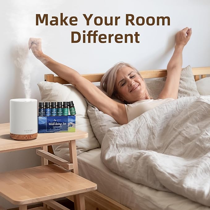 ASAKUKI Essential Oil Diffuser, Aromatherapy Cool Mist Home Humidifier with 7 LED Color Changing Light and Auto-Off Safety Switch, 6 Essential Oils Set, 300ml (Brown with Oils) - Image 5