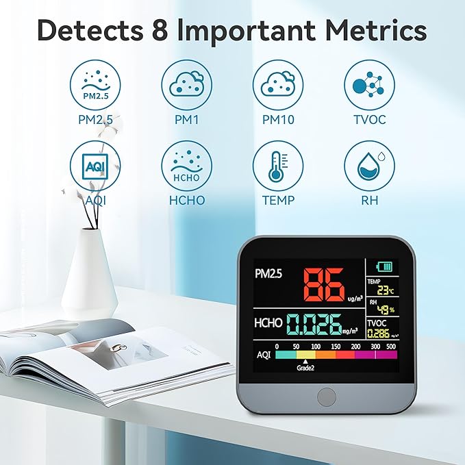 13 in 1 Air Quality Tester for Home, Indoor Air Quality Monitor, with PM1/PM2.5/PM10/Particle Counter/AQI/Humidity/TVOC/Temperature/Formaldehyde, Portable Air Quality Sensor - Image 2
