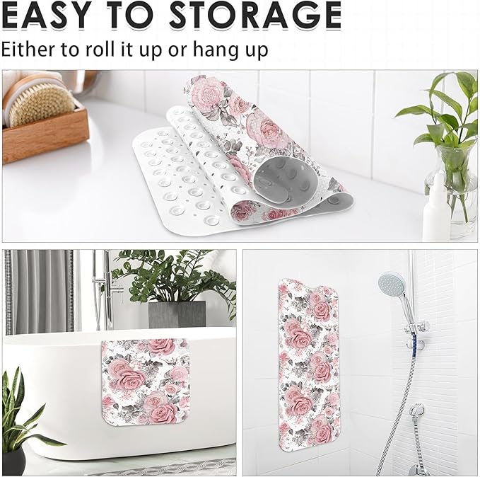Pink Flower Leaves Bath Mat Non Slip, Floral Rose Spring 40 X 16 Inch Extra Long Bathtub Shower Mat for Tub Anti Slip with Suction Cups and Drain Holes for Kids Adults Elderly - Image 5