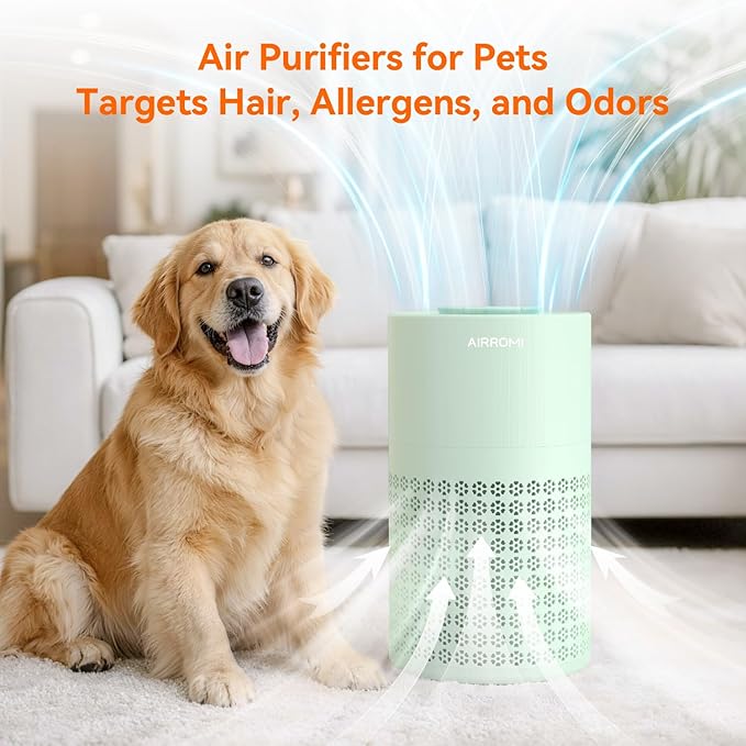 AIRROMI Air Purifier for Bedroom with HEPA 3-in-1 Filter, Pet Air Purifier for Home Cat Pee Smell, Covers Upto 990 Ft², Quiet 360°intake Air Cleaner for pet hair,allergies,Dust,Smoke A2001 Green - Image 7
