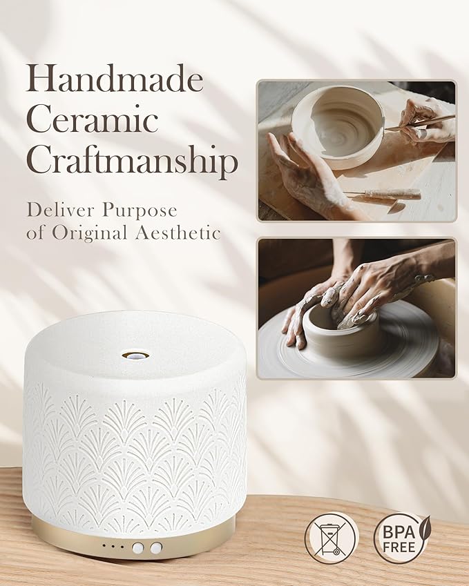 Ceramic Essential Oil Diffuser 280ml- Aromatherapy Diffuser with Ultrasonic Cool Mist Humidifier, Night Light, Timer, Auto Shut-Off, Large Room Aroma Diffuser for Home, Bedroom, Office, Yoga - Image 3