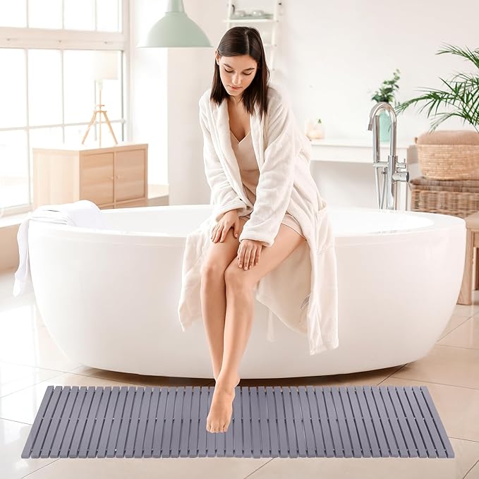 Bath Mat Bathroom Runner Long Large Rugs Floor Wood Shower Bathtub Waterproof Non Slip Accessories 16x48 Inch Easy to Clean, Striped Grey, 1 pc - Image 7