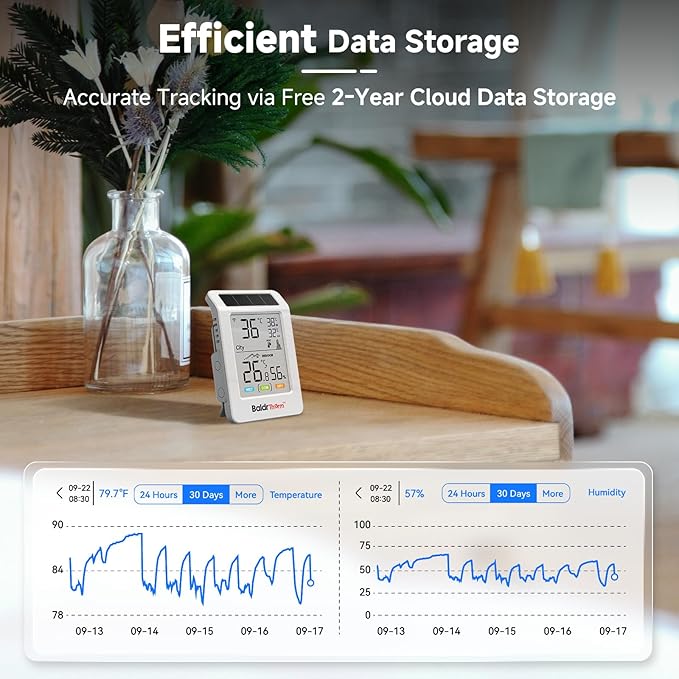 WiFi Temperature Humidity Sensor with Freezing Alert - BaldrTherm Solar Powered Remote Monitor, 3.9" Big Screen, Smart App Alerts for Greenhouse, Pipe Protection, Cellar & Baby Room - Image 7