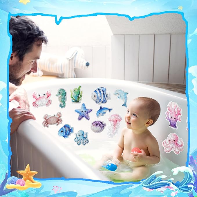 32 Pcs Cute Non Slip Bathtub Stickers for Shower Colorful Bathroom Anti Slip Shower Stickers Floor Applique Adhesive Decals with Scraper for Bathtub Bathroom Floor Pools(Sea) - Image 7