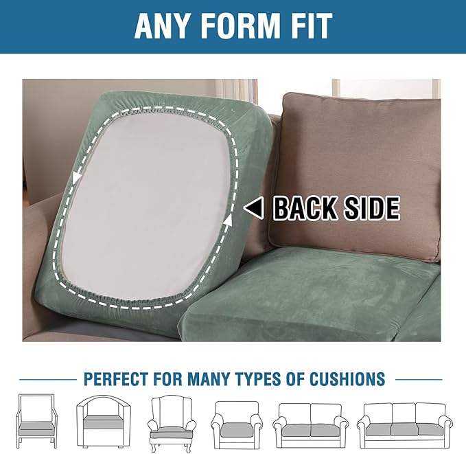 H.VERSAILTEX Velvet Stretch Couch Cushion Cover Plush Cushion Slipcover for Chair Loveseat Sofa Cushion Furniture Protector Seat Cushion Sofa Cover (3 Piece XL Sofa Cushion Covers, Sea Grass) - Image 5