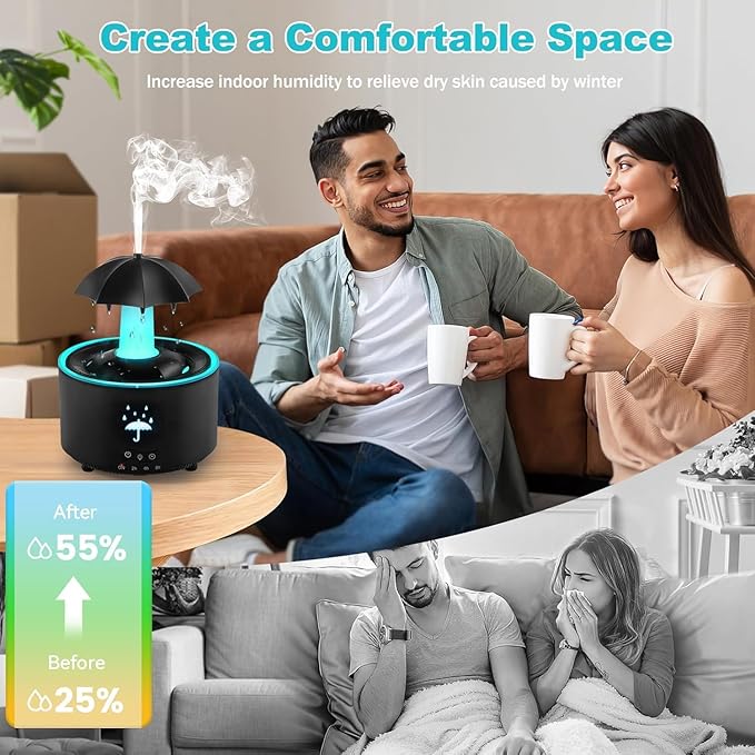 Humidifier for Bedroom, Rotating Umbrella Diffuser with Rain Drop Effect 7-Color LED, 300ML Small Humidifiers Aroma Diffuser with Remote & Timer, Funny Rain Humidifier Gift for Kid Teen Women (Black) - Image 5