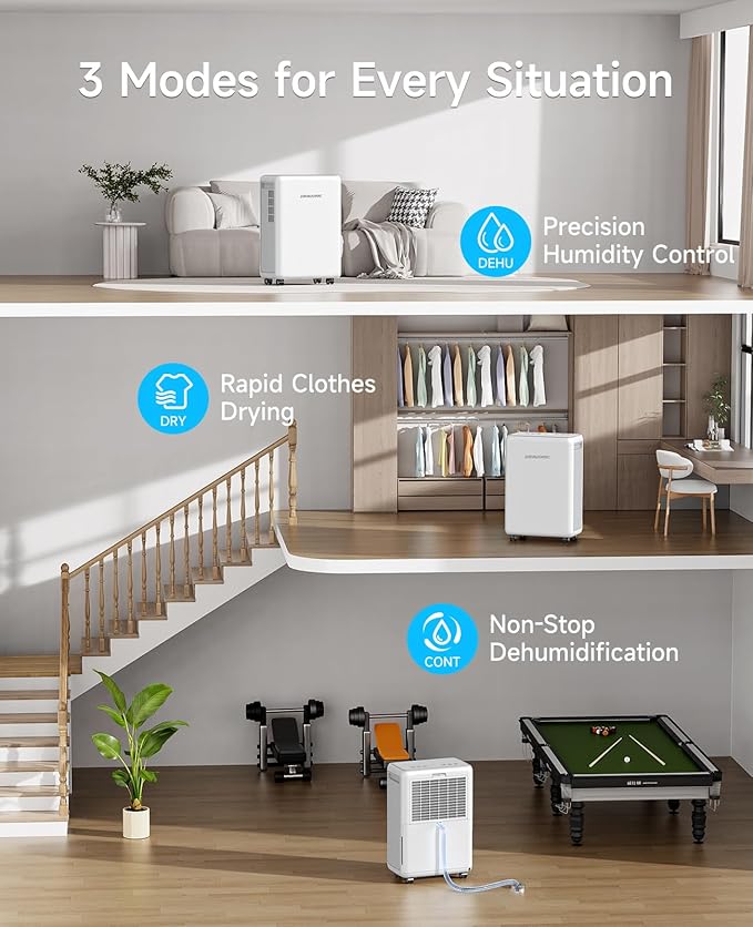 2000 Sq. Ft Dehumidifier for Basement, 30 Pint Dehumidifiers for Home, Bedroom and Bathroom, 3 Modes Dehumidifier with Drain Hose, Smart Humidity Control, 24H Timer (White) - Image 5