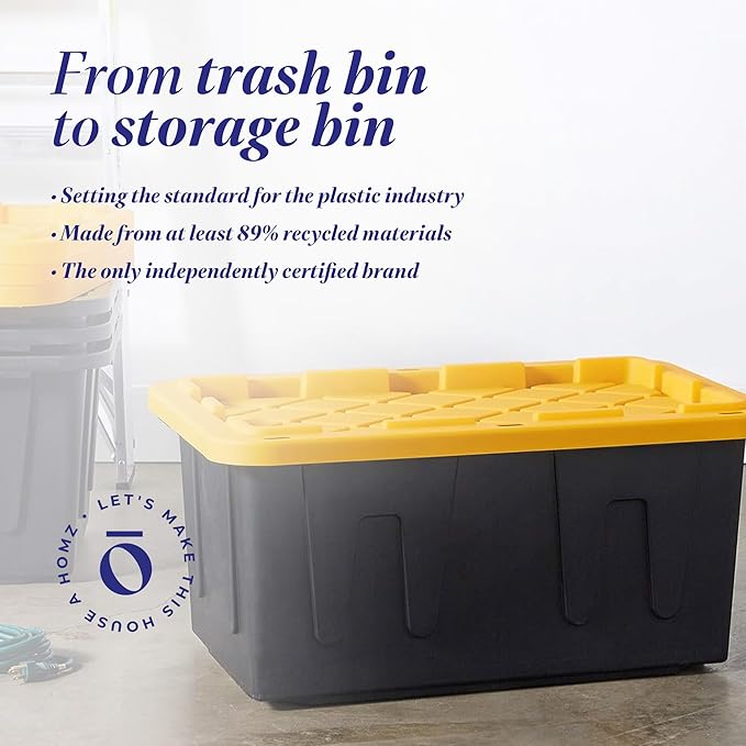 HOMZ 2-Pack Durabilt, Heavy Duty Plastic Storage Bins with Lids, 27 Gallon, Black/Yellow - Stackable Container Boxes for Home, Attic, and Garage Organization - Image 7