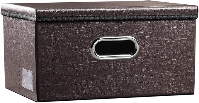 PRANDOM Collapsible Storage Box with Lid [1-Pack] Leather Fabric Foldable Storage Bin Organizer Container Basket Cube with Cover for Home Bedroom Closet Office Nursery Brown (13.6x9.6x6.9) by Prandom