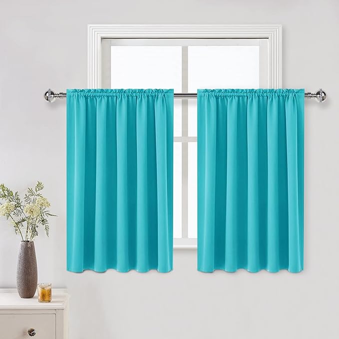DWCN Thermal Short Blackout Curtains for Bedroom/Kitchen, Energy Saving Room Darkening Curtains for Nursery/Bedroom/Kitchen(W60 x L36inch, Turquoise, Set of 2 Panels, Top of Rod Pocket) by DWCN