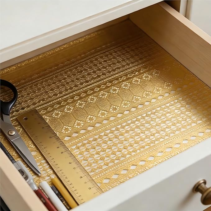 Shelf and Drawer Liner for Kitchen Cabinet,Non-Adhesive Waterproof Oil-Proof Easy Clean Shelf Liner for Dresser & Bathroom Vanities with Adhesive Dots & Cutting Tool(17 in X 30 Ft Gold Lace) - Image 3