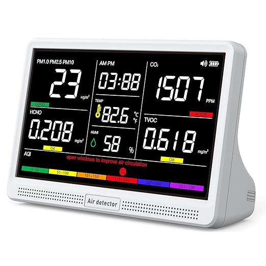 Upgrade Extended 12-Hour Battery Life 16 in 1 Air Quality Monitor Indoor with 7" Display, Professional Air Quality Meter for CO2, TVOC, PM2.5, PM1.0, PM10, HCHO, Temperature, Humidity, AQI & Time by YNAK