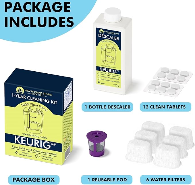 New England Stories Keurig Compatible Descaling Set, 1 Year Cleaning & Maintaining Set, Includes 1 Bottle of Descaler (4 Uses), 12 Cleaning Tablets, 1 Reusable Pod and 6 Water Filters - Image 2