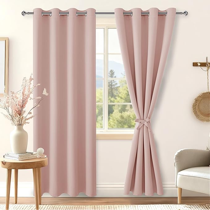 Hiasan Blackout Curtains for Bedroom, 52 x 84 Inches Long - Thermal Insulated Light Blocking Window Curtains for Living Room, 2 Drape Panels Sewn with Tiebacks, Blush by Hiasan