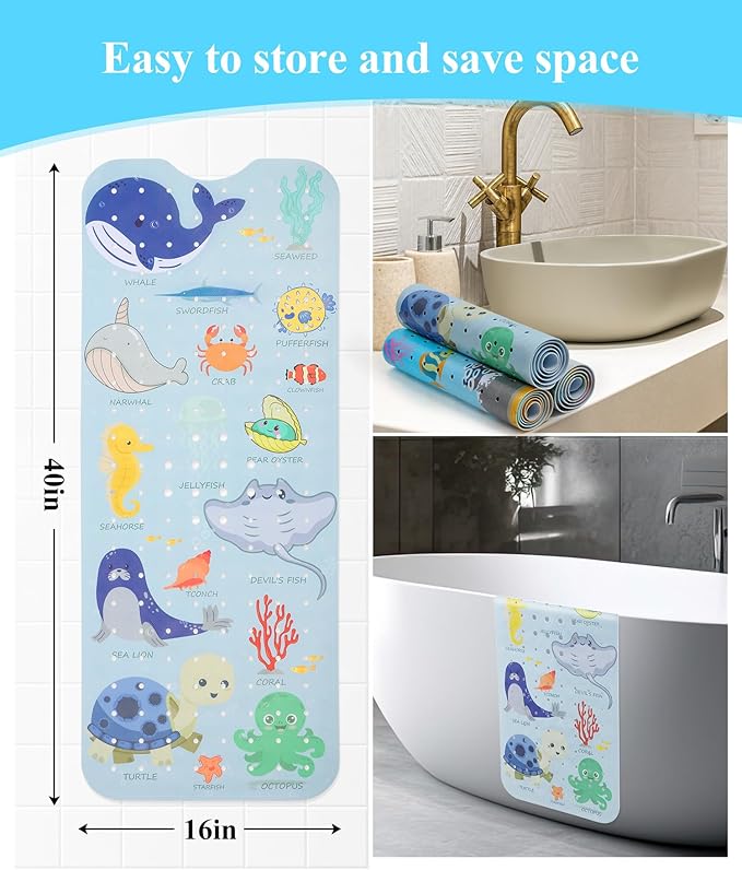 Bath Mat for Tub Non Slip, Machine Washable Anti-Slip Cartoon Baby Bathtub Shower Mat with Drain Holes and Suction Cups for Toddler & Kids, 40 Inch x 16 Inch, Blue Sea Animals - Image 4