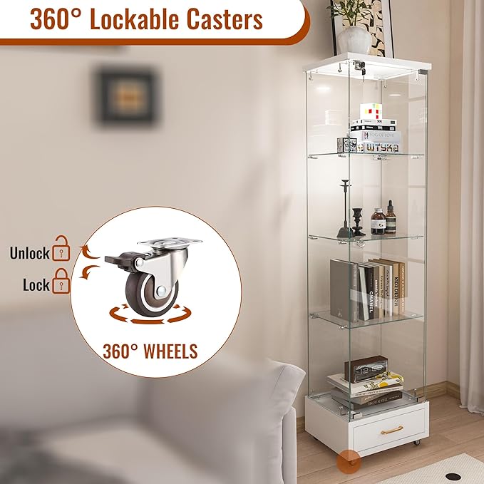 Yoluckea 4 Tiers Glass Display Cabinet with LED Lighting and Drawer, 1 Door Floor Standing Curio Cabinet with Wheel for Home, Office, Corner Display, White Glass Bookshelf for Collections and Decor - Image 4