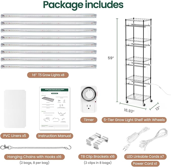 SOLIGT Plant Shelf with Grow Lights, 5 Tier Grow Light Stand Rack with 8 Pack 16“ 6000K T5 Full Spectrum Led Grow Lights for Indoor Plants, Seed Starting, Seedling Growing, Timer Included - Image 3