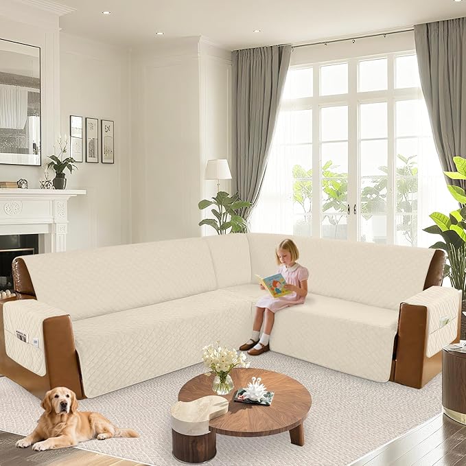 Arfntevss Waterproof Sectional Couch Covers L Shape Washable Velvet Sofa Cover for Sectional Non Slip Large Corner Slipcovers Dog 6 Pcs Universal U Shaped Furniture Protector (Beige, X-Large) - Image 6
