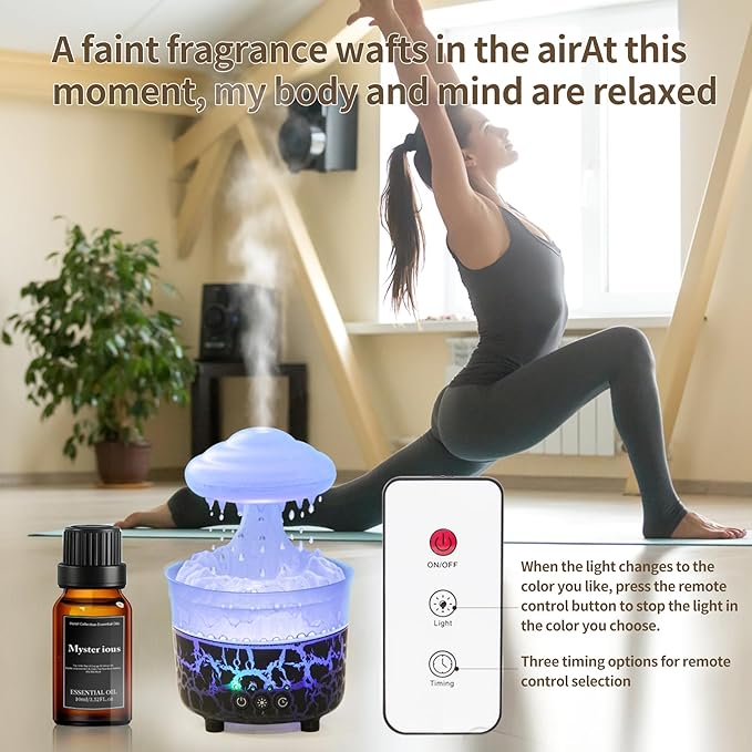 BOHOFAM Aroma Essential Oil Diffuser,Rain Cloud humidifier Simultaneously Water Drip and Air Mist,Rain Diffuser with 4 Hotel Collection Essential Oils for Home,Bedroom,Colorful Light(Black) - Image 6
