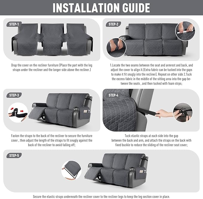 TAOCOCO 100% Waterproof Recliner Cover, Non-Slip Washable Reclining Couch Cover with Elastic Leg Straps, Furniture Protector for Dogs (Charcoal Gray, 3 Seater) - Image 7