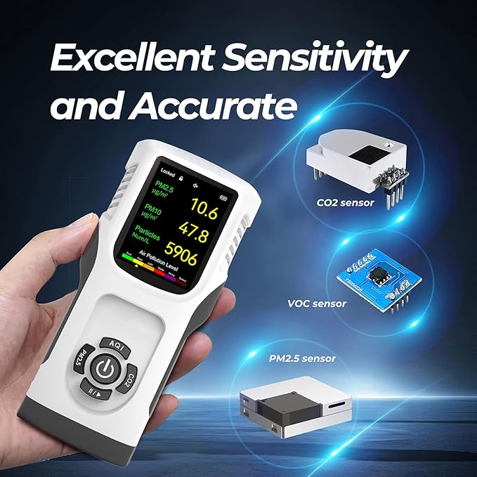 6-in-1 Air Quality Monitor Indoor CO2 Monitor, 3000mAh AQI TVOC Air Quality Tester for Home PM2.5 PM10 Particle Counter Air Quality Monitor with Graph, Portable Outdoor LED Screen - Image 3