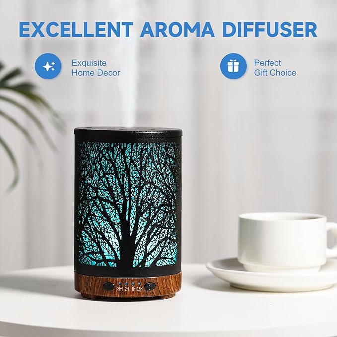 Essential Oil Diffuser 120ML Metal Aromatherapy Diffuser with Timer, Cool Mist Humidifier with Auto Shut-Off & 7 Color Lights for Home Office Spa (Tree) - Image 5