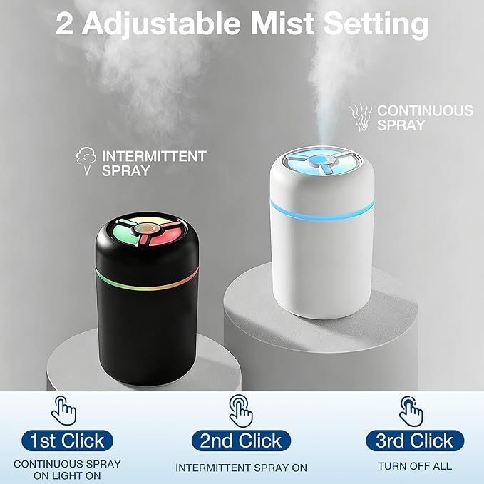 Portable Mini Humidifier, 300ml USB Cool Mist Small Humidifier with Colorful Lights. Perfect for Bedroom, Office, Plants, travel & Car (Black) - Image 3