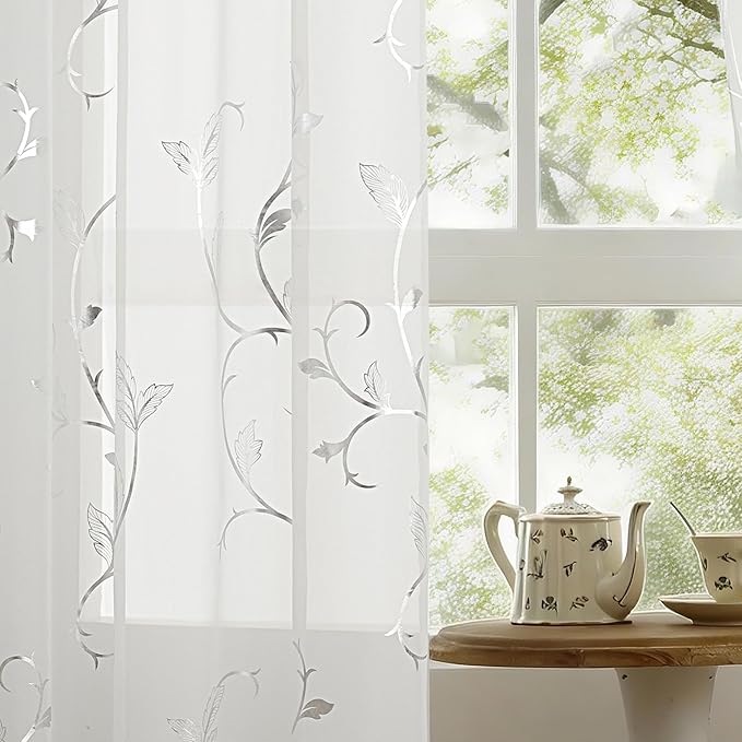 BUHUA White Sheer Curtains 63 Inch Length Semi - Sheer Curtains Printed Silver Foil Vine Pattern Grommet Window Curtains for Girls Bedroom, 55 x 63 Inch, 2 Panels - Image 3