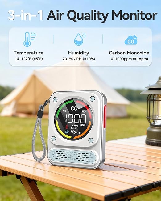 3-in-1 Carbon Monoxide Detector, 0-1000ppm CO Meter with Temperature Humidity, 260H Standby Rechargeable Battery Operated Reader, Portable Magnetic Air Quality Monitor Alarm for Travel Hotel Safety - Image 4