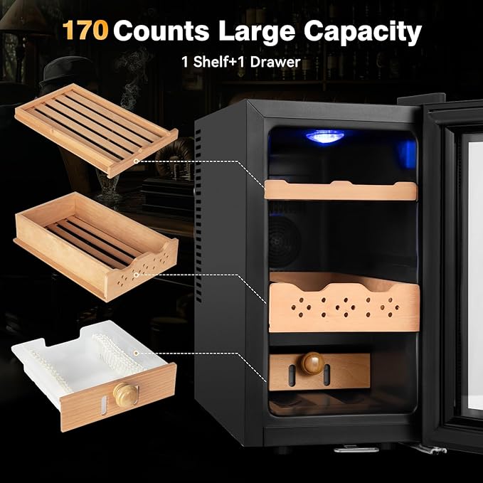 Electric Cooler Cabinet 25L with Temperature and Humidity Control, Spanish Cedar Wood Shelves and Safety Lock (200 Counts Capacity), Gift for Men - Image 6