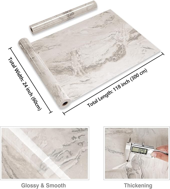 CRE8TIVE 24"x118" Glossy Beige Silver Marble Contact Paper for Cabinets Drawers Liquid Marble Wallpaper Peel and Stick Modern Self Adhesive Removable Marble Vinyl Wrap for Bathroom Kitchen Countertops - Image 8