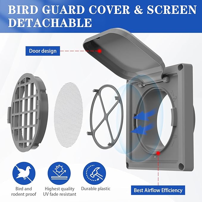 Dryer Vent Cover Outside 4 inch, Magnetic Door Design, Durable Airflow Vent with Lint Trap Screen, Thickened Material, 6 inch x 6 inch Size, Grey - Image 3