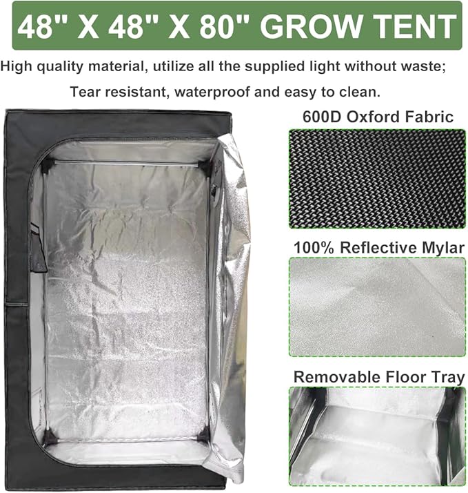 Complete Mylar Growing Tent, 4x4 Grow Tent Kit 48"x48"x80" Indoor Plant Growing Room, LED Full Spectrum Grow Light Ventilation Inline Fan + Acceseries - Image 3