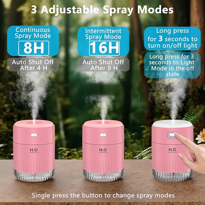 Colorful Mini Humidifier, USB Rechargeable Humidifier, 4 Modes Super Quiet, Humidifiers For Bedroom,Suitable For Travel Office Family-Rose Pink - Image 4