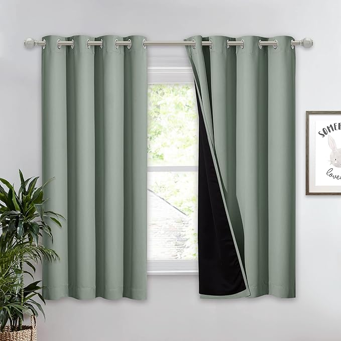 NICETOWN Greyish Green 100% Blackout Lined Curtain, 2 Thick Layers Completely Blackout Window Treatment Thermal Insulated Drape for Kitchen/Bedroom (1 PC, 52" Width x 63" Length Each Panel) by NICETOWN