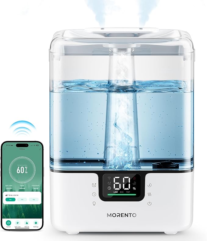 MORENTO Smart Humidifiers for Bedroom Large Room Home, 6L Cool Mist Top Fill Humidifier with Essential Oil Diffuser, Smart App & Voice Control, for Nursery & Plants, White, 1 Pack + 7 Color NightLight by MORENTO