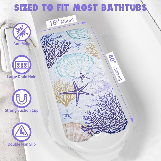 Ocean Bathtub Mat Non Slip, Cute Baby Bath Mat for Tub Rubber Tub Mat, Coral Seashells Toddler Kids Bath Mats for Bathroom Anti Slip Shower Mat with Suction and Drain Holes Machine Washable, 40″x16″ - Image 2
