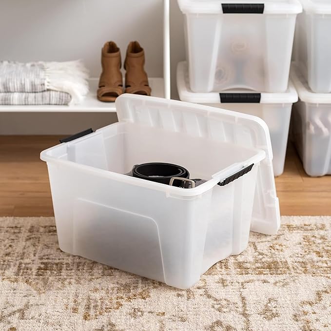 IRIS USA 40 Qt Stackable Plastic Storage Bins with Lids, 4 Pack - BPA-Free, Made in USA - Discreet Organizing Solution, Latches, Durable Nestable Containers, Secure Pull Handle - Pearl - Image 5