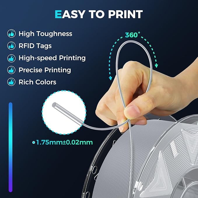 Creality Hyper PLA Filament RFID 3D Printer Filament:High Speed 30-600mm/s,1kg(2.2lbs) Spool Support CFS 1.75 mm, Fits for Most 3D Printers and K2 Plus Combo,Grey PLA - Image 6