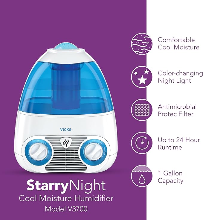 Vicks Starry Night Filtered Cool Mist Humidifier, Medium to Large Rooms, 1 Gallon Tank – Cool Mist Humidifier for Baby and Kids Rooms with Light Up Star Night Light Display, Works with Vicks VapoPads - Image 4