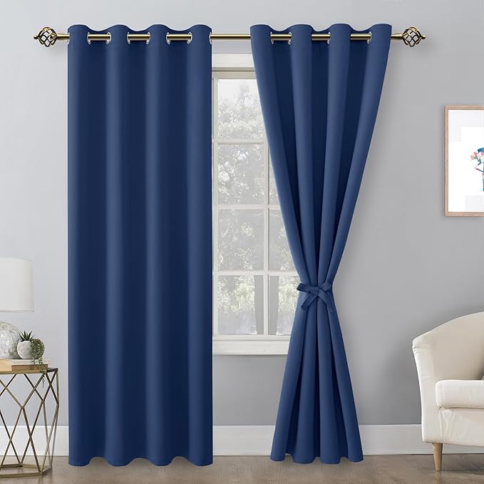 Hiasan Blackout Curtains for Bedroom, 52 x 96 Inches Long - Thermal Insulated & Energy Saving Window Curtains for Living Room, 2 Drape Panels Sewn with Tiebacks, Navy - Image 2