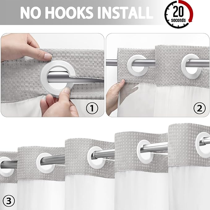 No Hook Shower Curtain and Liner Set,Light Grey Hotel Waffle Shower Curtain with Liner 75" L x 78" W - Image 2