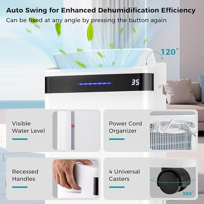 COSTWAY 4,500 Sq. Ft Dehumidifier for Basement, 3-Color Humidity Indicator, Dry Clothes Mode, 12" Drain Hose & Wheels, 57 Pint/Day Dehumidifier for Large Room (White&Black) - Image 6