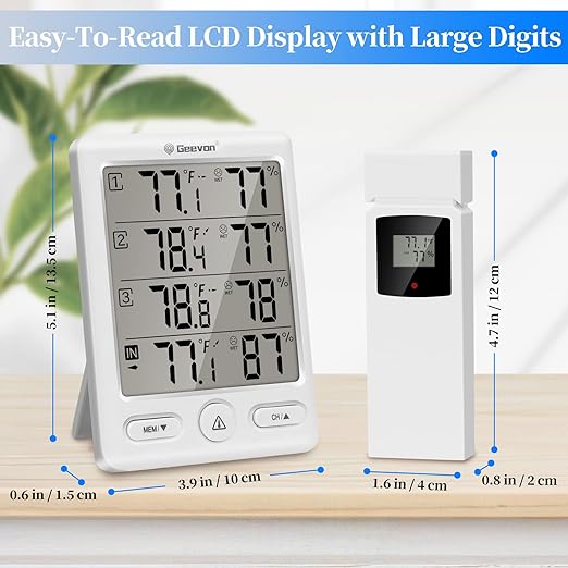 Geevon Indoor Outdoor Thermometer Wireless with 3 Remote Sensors, Digital Hygrometer Indoor Thermometer, Temperature Humidity Monitor Gauge with 200FT/60M Range (White) - Image 5