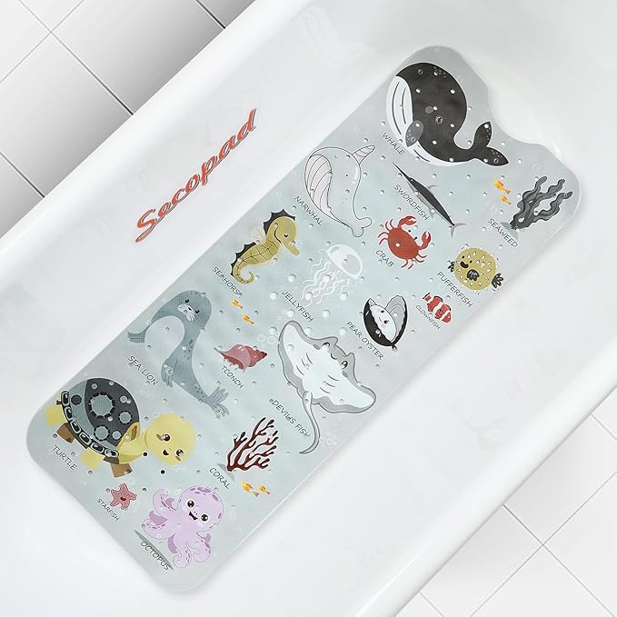 Bath Mat for Tub Non Slip, Machine Washable Anti-Slip Cartoon Baby Bathtub Shower Mat with Drain Holes and Suction Cups for Toddler & Kids, 40 Inch x 16 Inch, Greige Sea Animals by Secopad